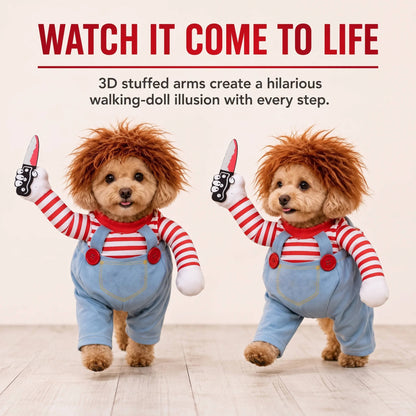 Scary Doll Dog Costume, Walking Illusion Halloween Pet Outfit with Wig and Prop Toy Knife for Trick or Treating