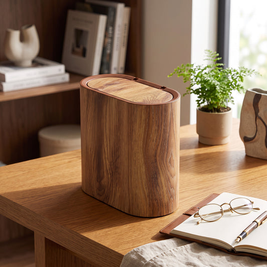 Elliptical Push Top Trash Can with Marble Texture Finish for Bathrooms