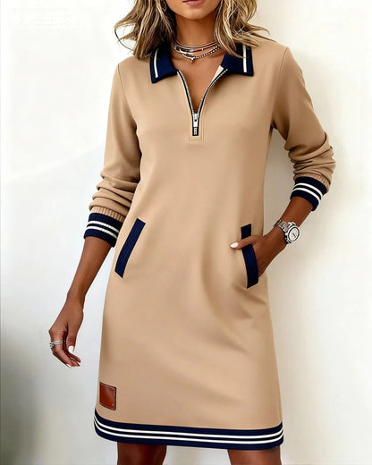 Long Sleeve Lapel Collar Dress with Front Zipper and Side Pockets, Cotton Blend