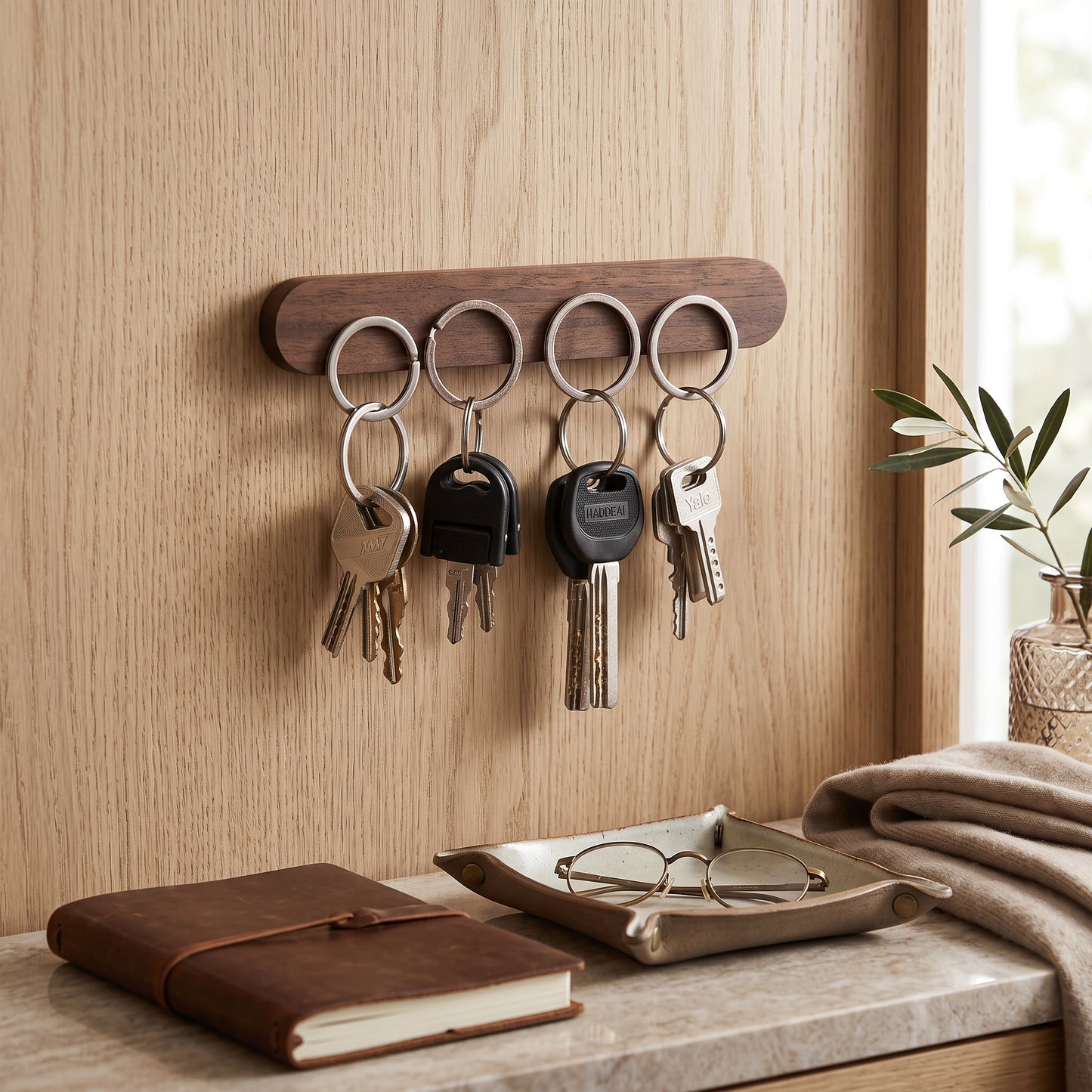 Magnetic Wooden Key Holder with Adhesive Mounting and Natural Wood Finish