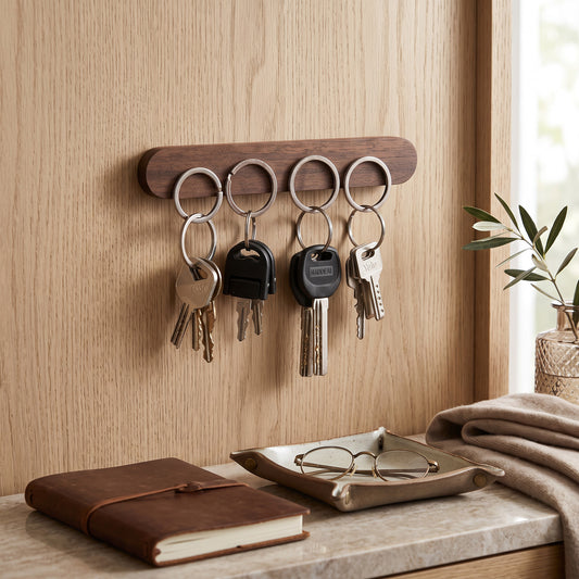 Magnetic Wooden Key Holder with Adhesive Mounting and Natural Wood Finish
