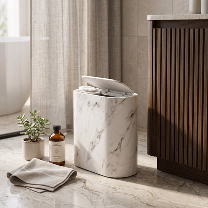 Elliptical Push Top Trash Can with Marble Texture Finish for Bathrooms