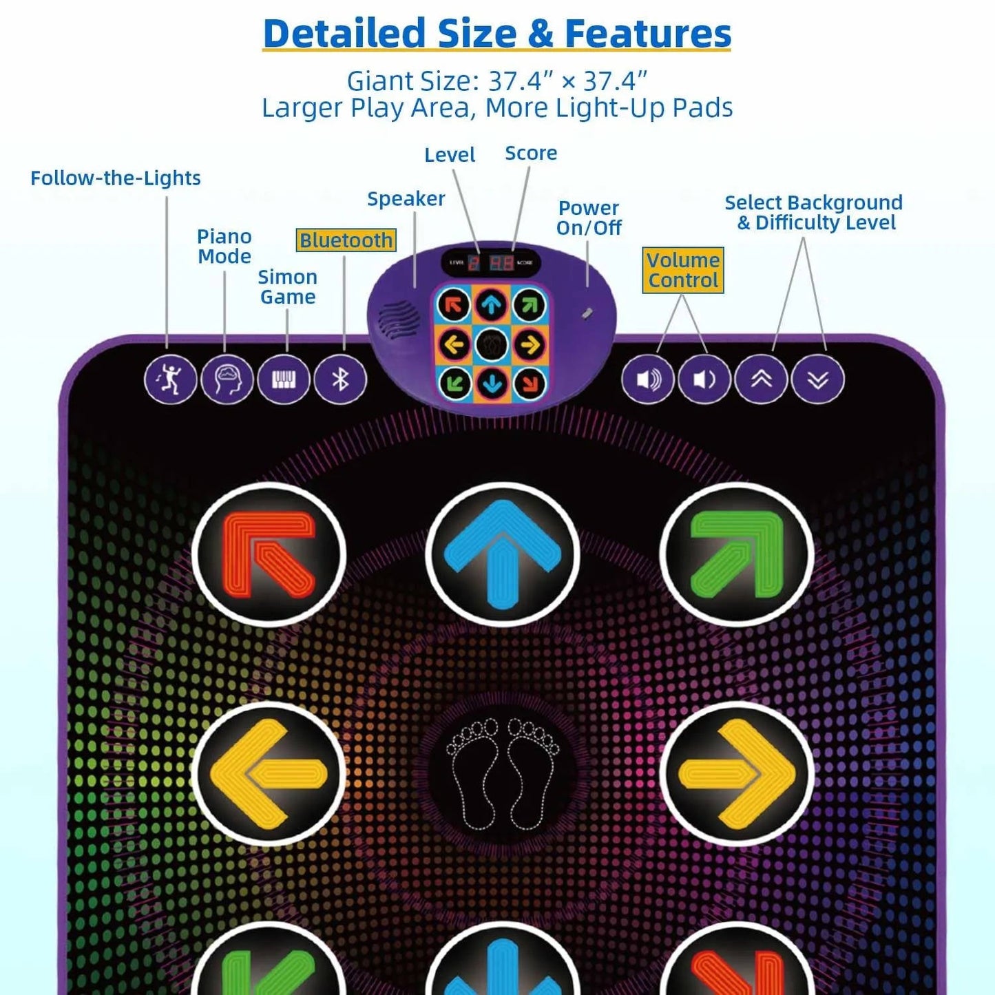 Light Up Dance Mat for Kids with Bluetooth Electronic Music Game Pad Ages 3 to 12