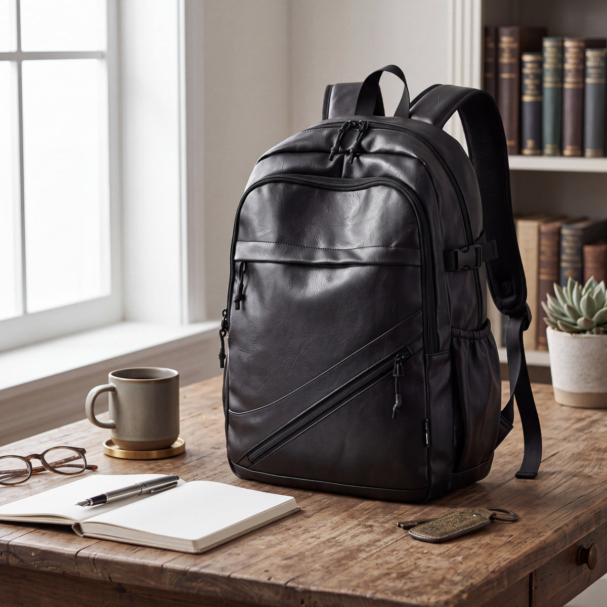 Vintage Leather Backpack with Padded Laptop Sleeve and Front Zip Pockets