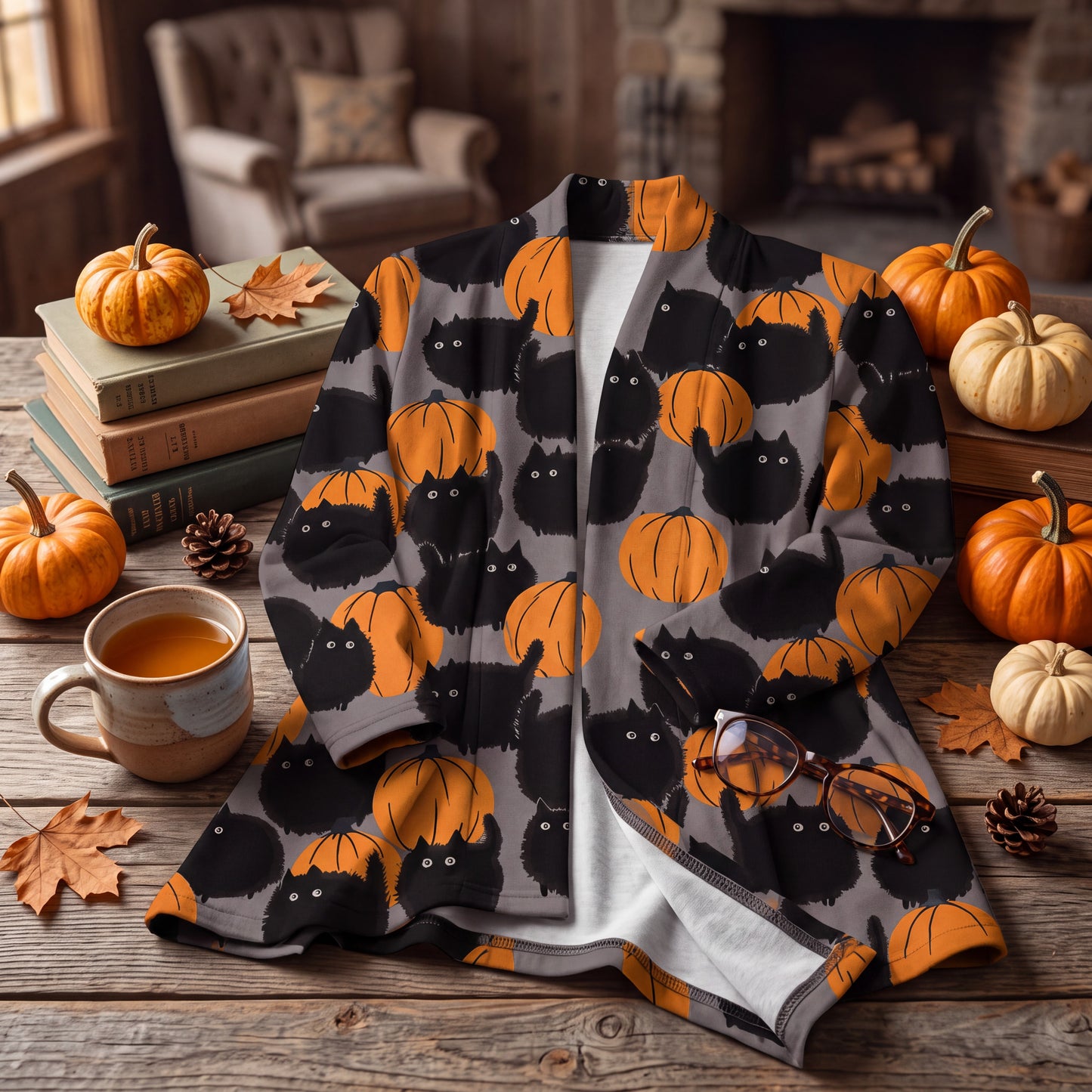 Womens Pumpkin Print Cardigan with Button Front and All Over Design for Halloween