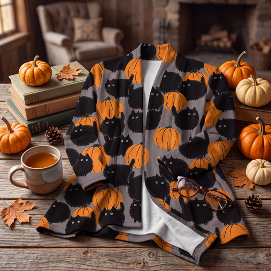 Womens Pumpkin Print Cardigan with Button Front and All Over Design for Halloween