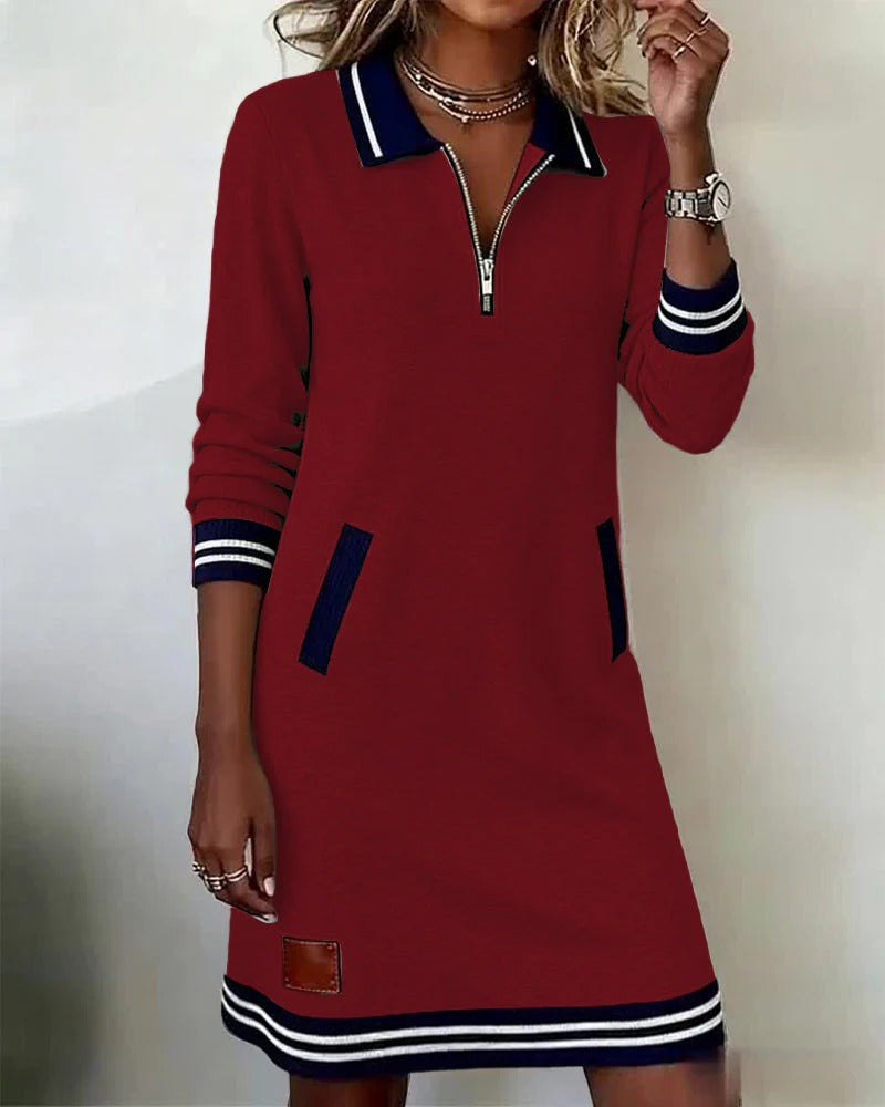 Long Sleeve Lapel Collar Dress with Front Zipper and Side Pockets, Cotton Blend