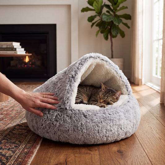 Half Covered Pet Cave Bed with Plush Cushion Base and Open Front Entry