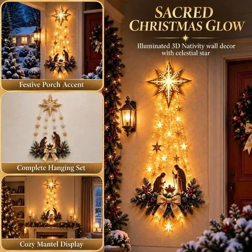 Hanging Lighted Nativity Ornament with Warm White LED Stars, Pine Accents and a Golden Bow