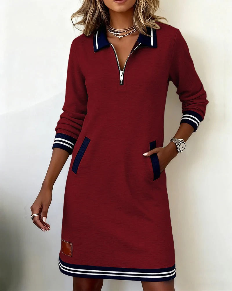 Long Sleeve Lapel Collar Dress with Front Zipper and Side Pockets, Cotton Blend