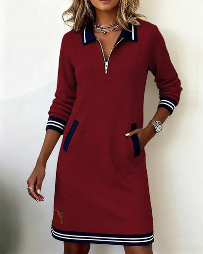 Long Sleeve Lapel Collar Dress with Front Zipper and Side Pockets, Cotton Blend