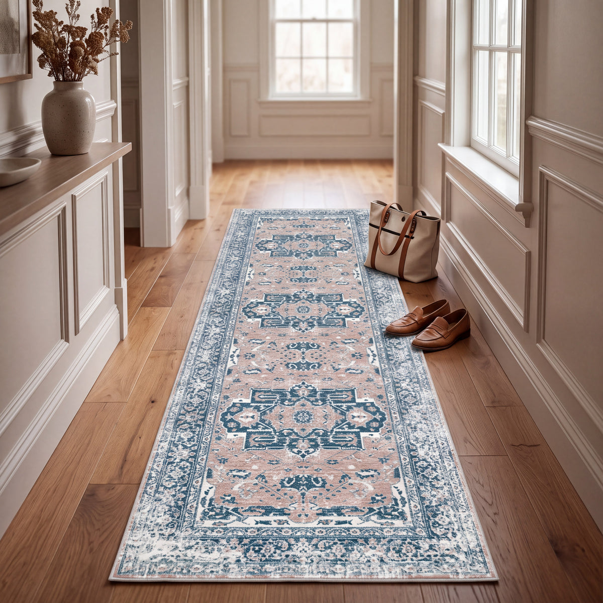 Vintage Pattern Runner with Grip Backing for Hallways and Kitchens