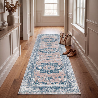 Vintage Pattern Runner with Grip Backing for Hallways and Kitchens