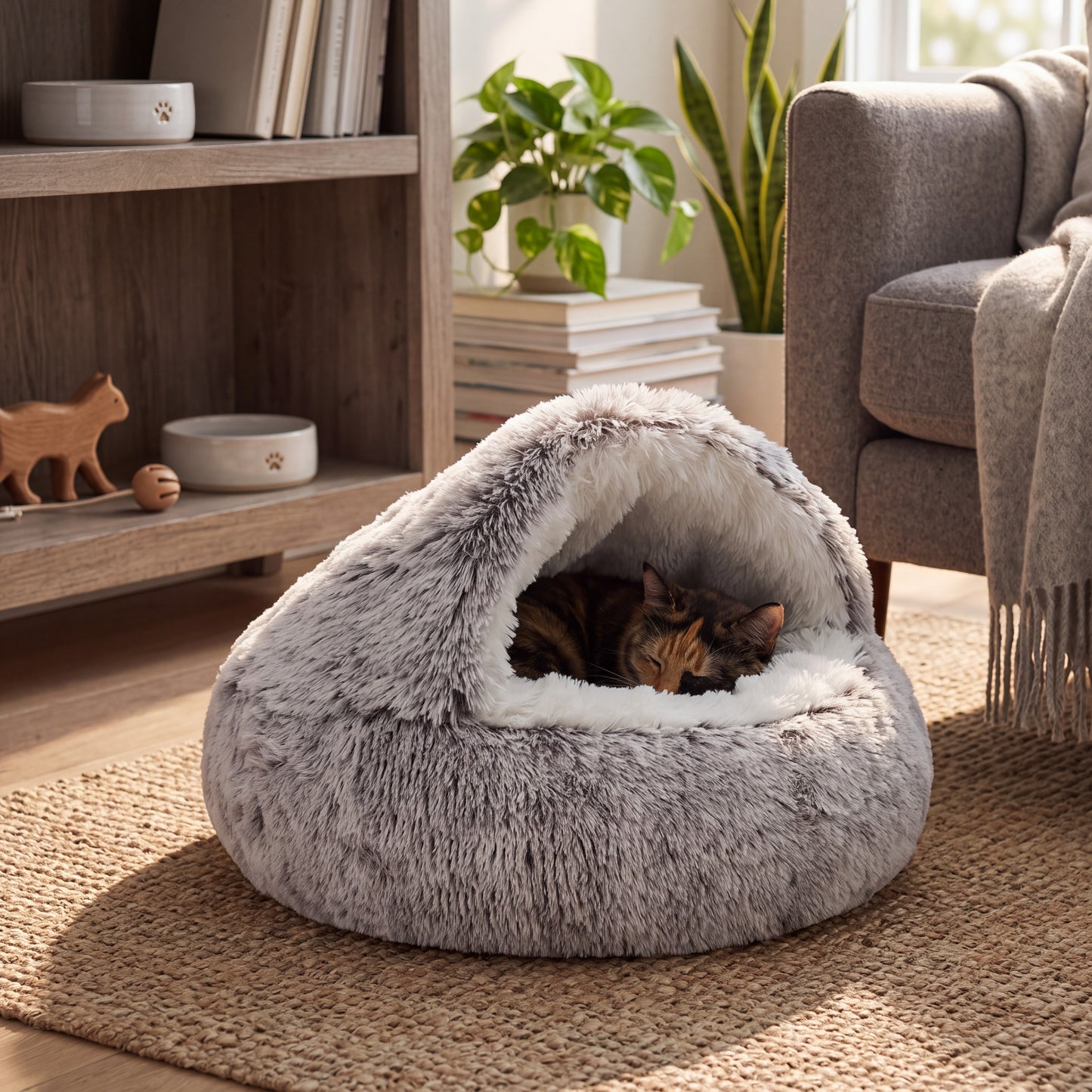 Half Covered Pet Cave Bed with Plush Cushion Base and Open Front Entry