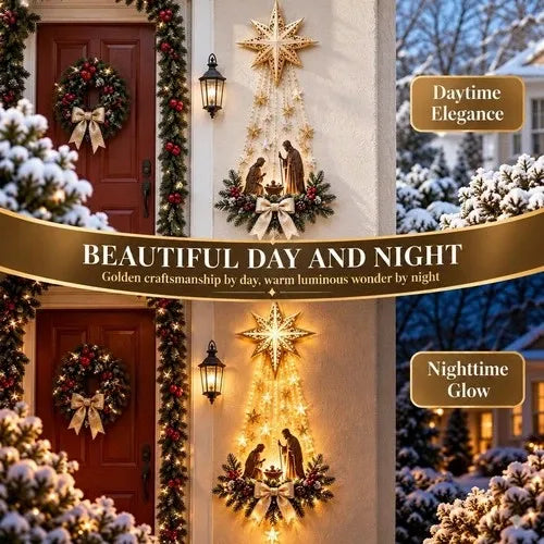 Hanging Lighted Nativity Ornament with Warm White LED Stars, Pine Accents and a Golden Bow
