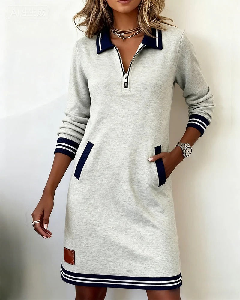 Long Sleeve Lapel Collar Dress with Front Zipper and Side Pockets, Cotton Blend
