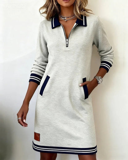 Long Sleeve Lapel Collar Dress with Front Zipper and Side Pockets, Cotton Blend
