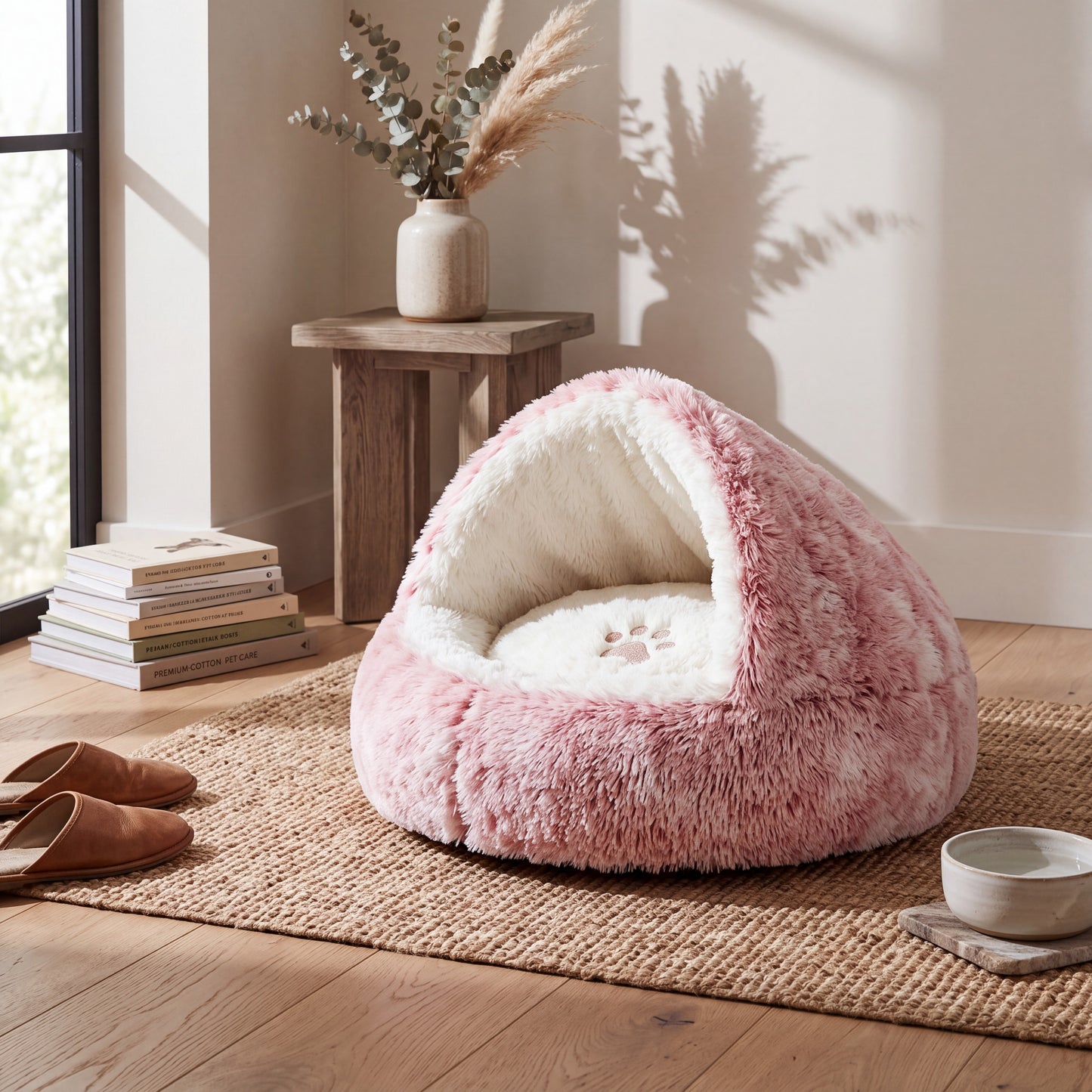 Half Covered Pet Cave Bed with Plush Cushion Base and Open Front Entry