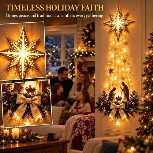 Hanging Lighted Nativity Ornament with Warm White LED Stars, Pine Accents and a Golden Bow