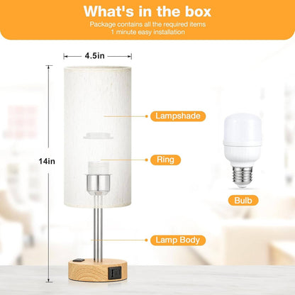 Bedside Table Lamp for Bedroom with Wood Base, USB C Charging Ports and AC Outlet