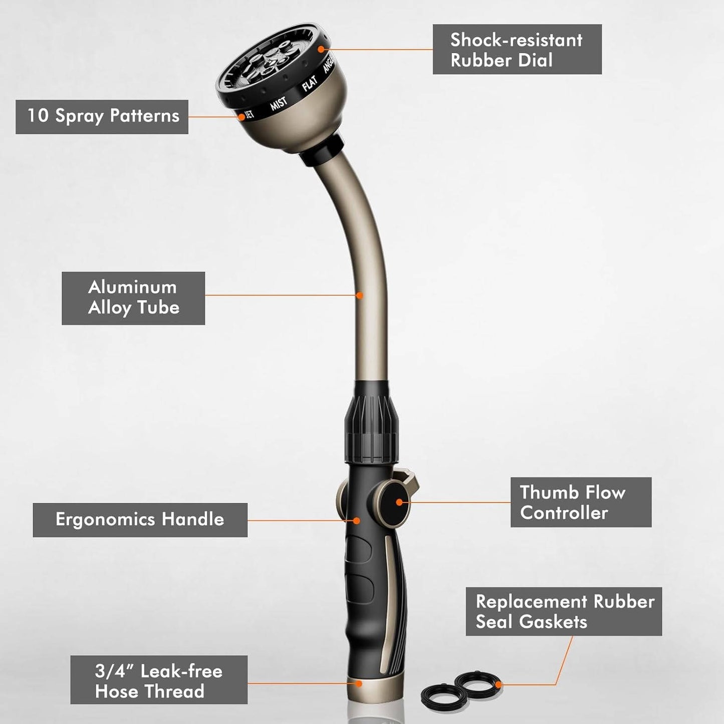 Heavy Duty Metal Garden Watering Wand, 15 Inch Hose Nozzle Sprayer with 10 Spray Patterns and Thumb Flow Control