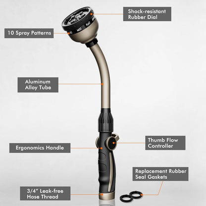 Heavy Duty Metal Garden Watering Wand, 15 Inch Hose Nozzle Sprayer with 10 Spray Patterns and Thumb Flow Control