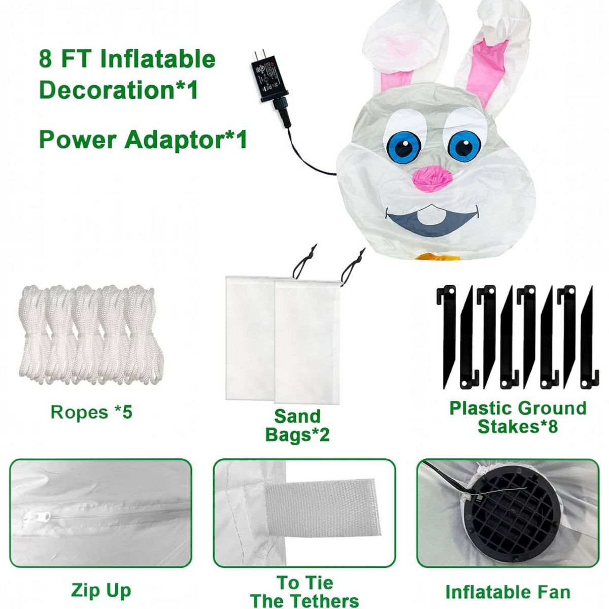 8 Feet Giant Bunny Easter Inflatables Outdoor Decoration, Lighted Blow Up Rabbit Holds Easter Eggs Basket