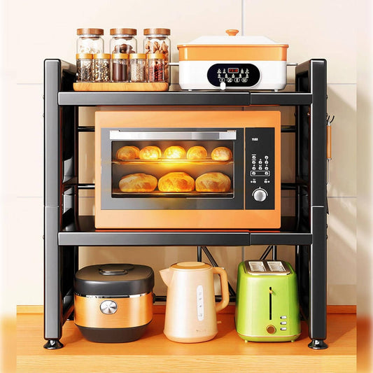Expandable 3 Tier Microwave Stand for Countertop with 6 Utensil Hooks