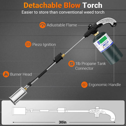 Weed Torch Burner 30 Inch, Heavy Duty Propane Blow Torch with Detachable Long Arm, High Output for Garden Weeds Ice Snow Melting