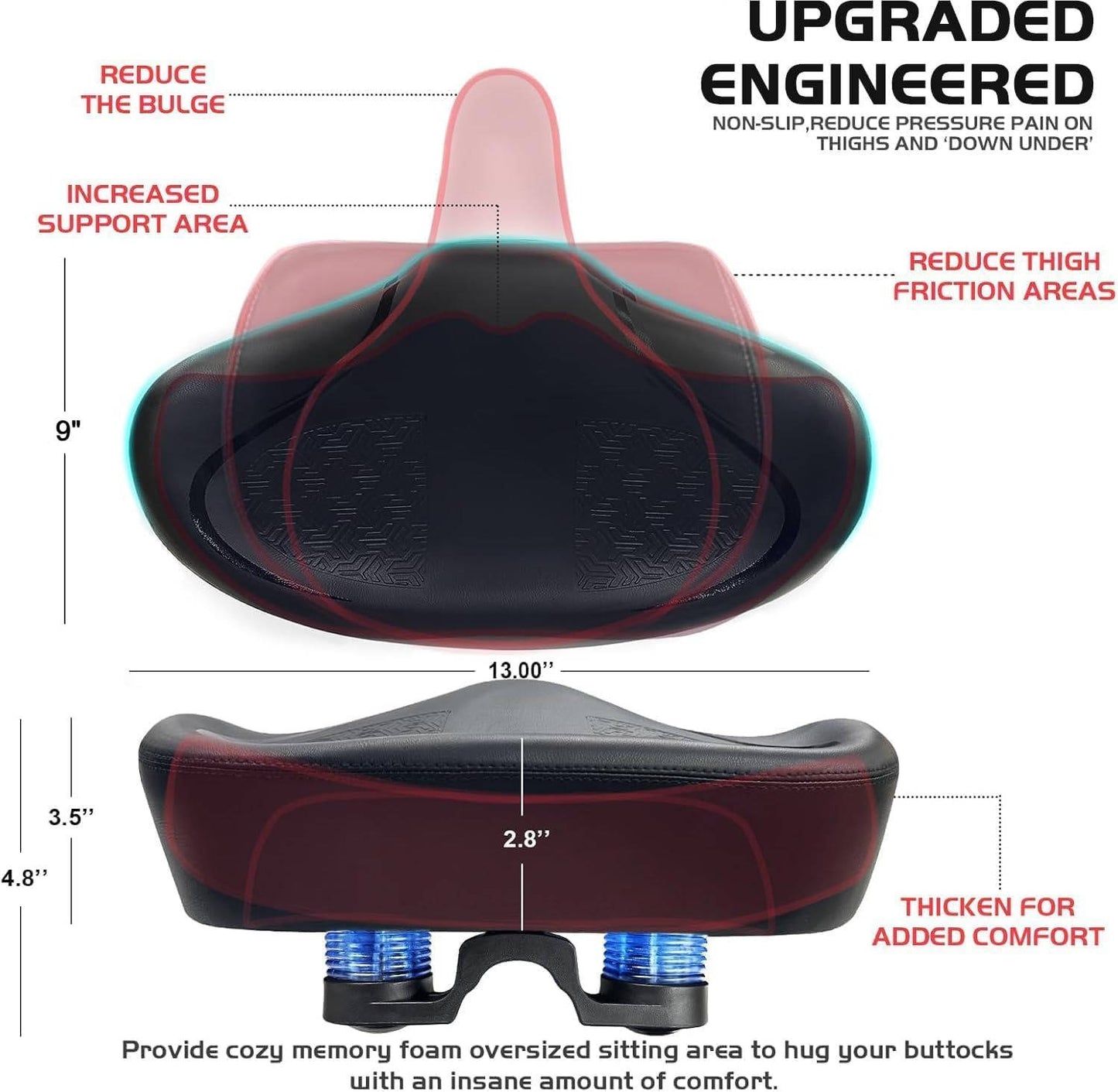 Noseless Bike Seat Cushion Wide Comfort Saddle, Extra Padded Bicycle Seat for Peloton Exercise Electric Cruiser Bikes Men Women