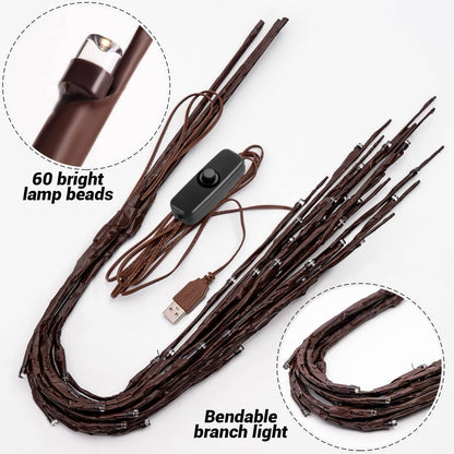 3 Pack USB Powered Prelit Twig Lights, 60 LED Decorative Branch Lights for Vases and Indoor Home Decor (Warm Glow)
