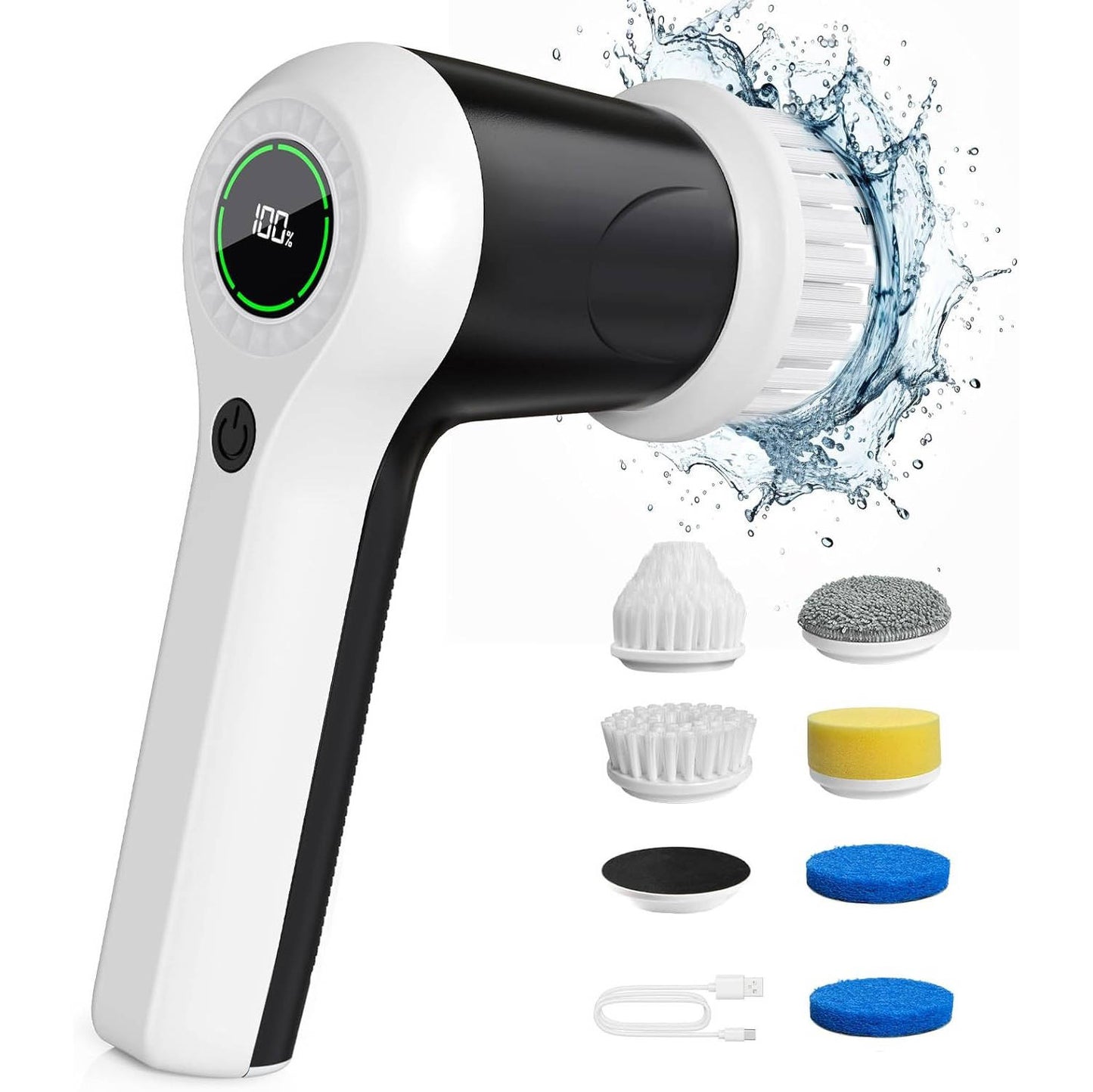 Cordless Electric Spin Scrubber with 2 Speeds & Battery Display, 6 Head Cleaning Brush for Bathroom, Sink & Window
