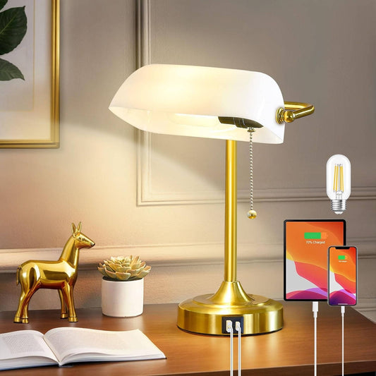 Vintage Desk Lamp Bankers Lamp, Retro Table Lamp with USB & Type C Charging Ports