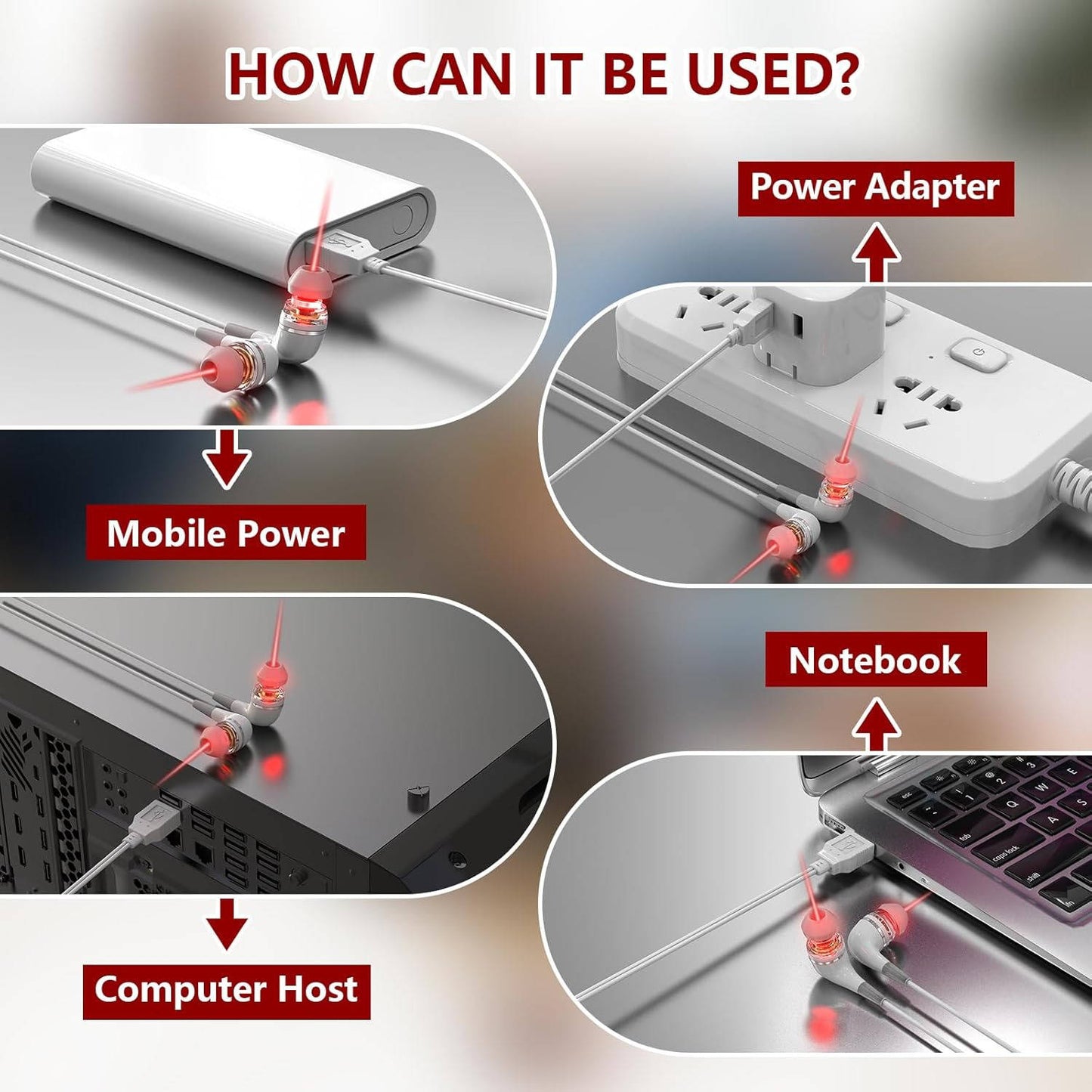 USB Powered Ear Red Light Wellness Device with Dual Size Silicone Tips