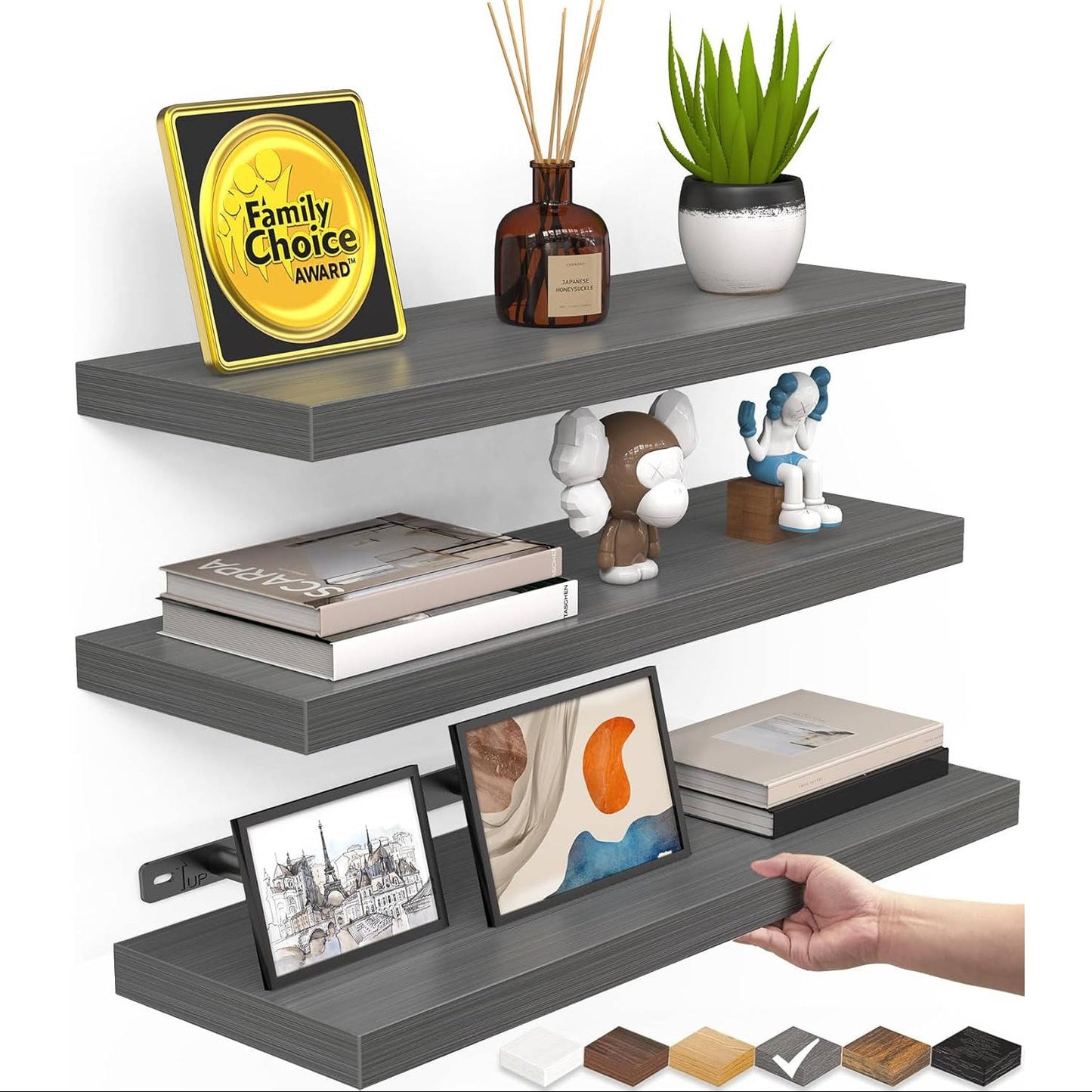 Floating Wall Shelves, Rustic Wood Hanging Storage for Bathroom or Bedroom, 3 Pack