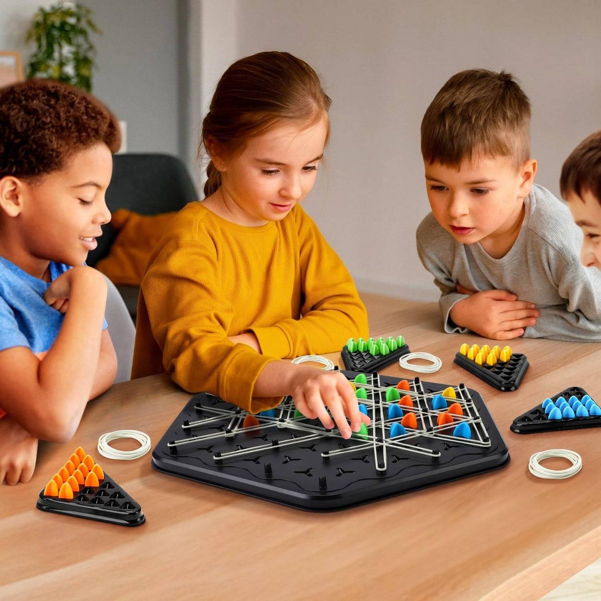 Triangle Peg and Rubber Band Strategy Board Game with Color Pieces for Family Game Night