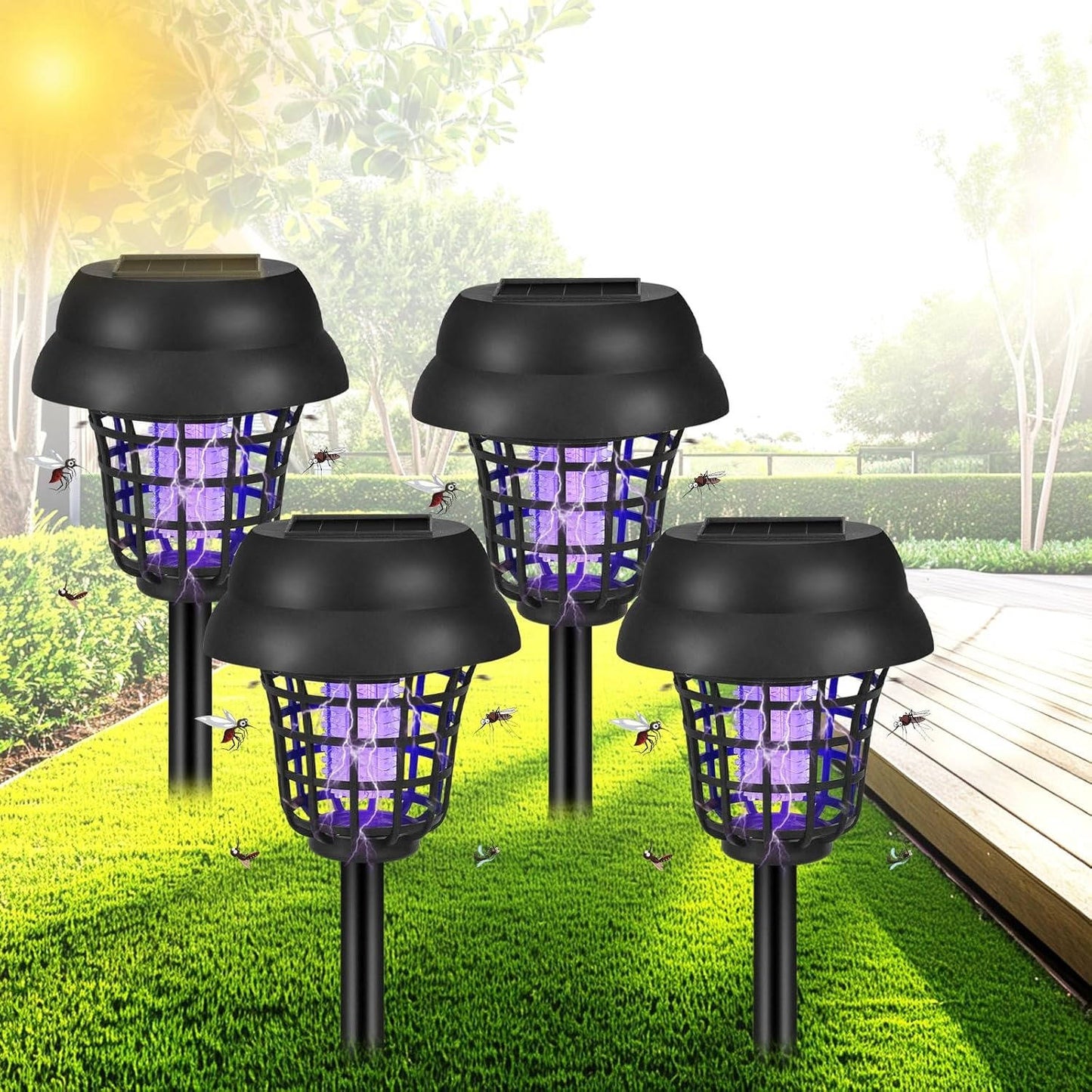 4 Pack Solar Bug Zapper & Mosquito Trap Lamp for Patios, Backyards & Outdoor Comfort, Gnats, Flies, Insects