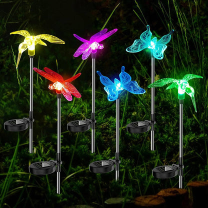 6 Pack Solar Stake Lights, Decorative LED Garden Figurines with Flowers, Butterfly, Hummingbird & Dragonfly for Yard, Patio & Pathway