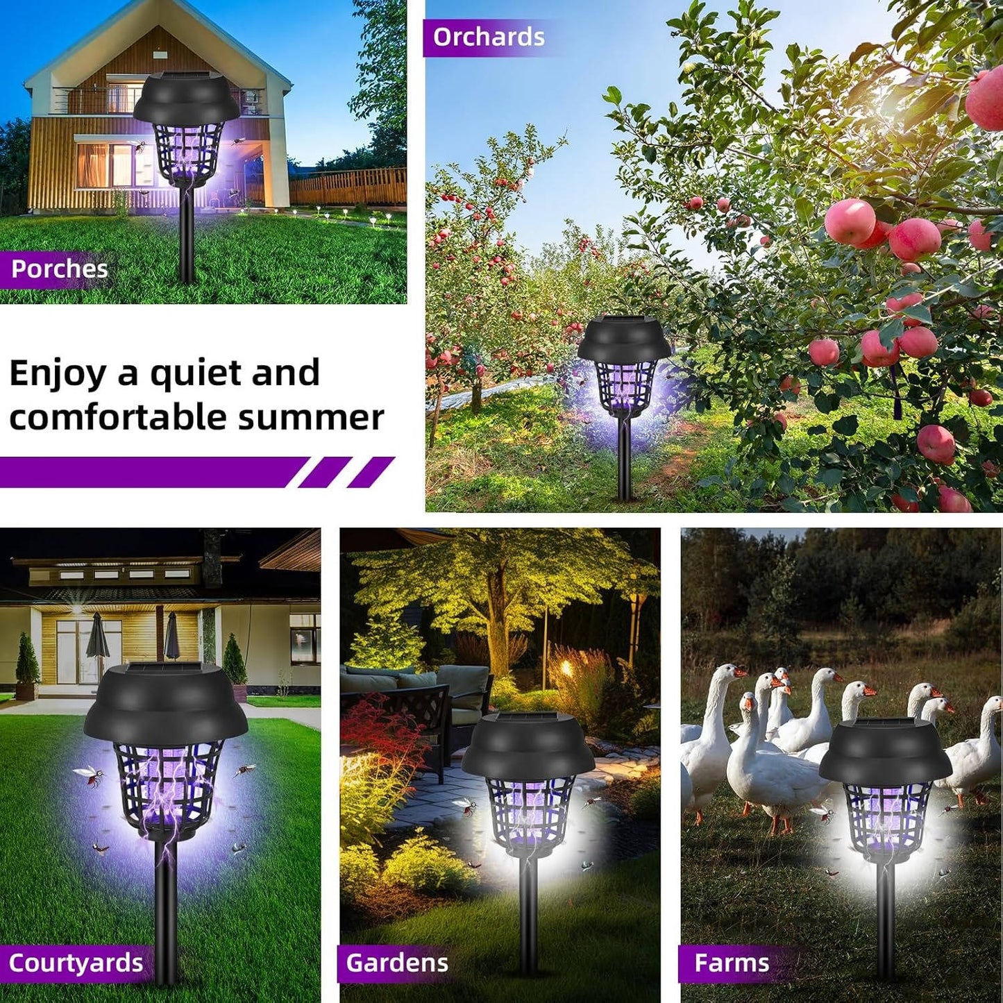 4 Pack Solar Bug Zapper & Mosquito Trap Lamp for Patios, Backyards & Outdoor Comfort, Gnats, Flies, Insects