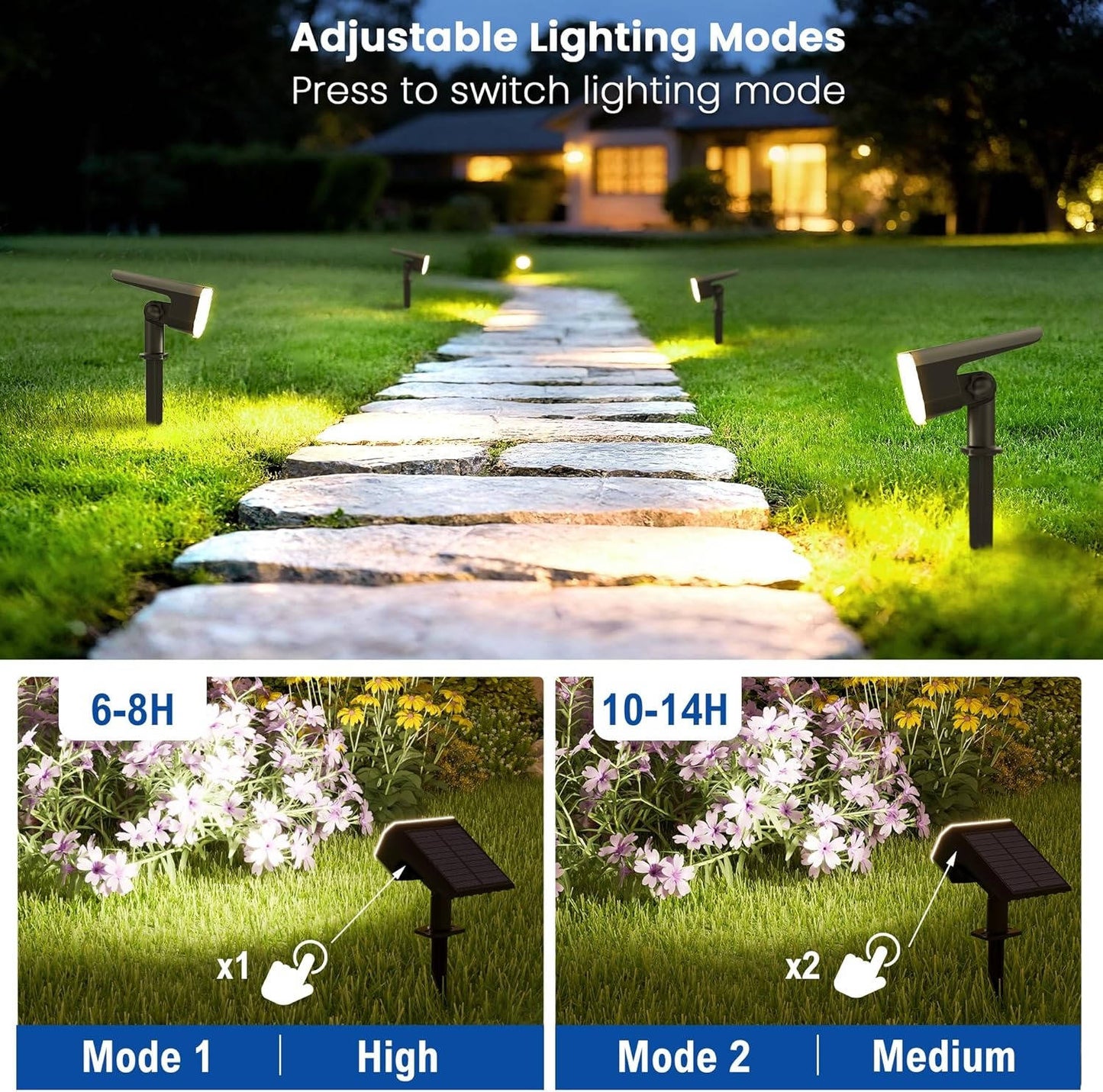 Solar Spot Lights Outdoor, 4 Pack IP65 Water-resistant Garden Spotlights with 2 Lighting Modes & Auto On/Off for Yard & Landscape