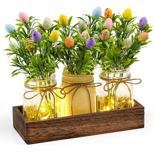 Easter Centerpiece Table Decorations with Wood Tray and LED Lights, Dining Room and Kitchen Table Runner Decor