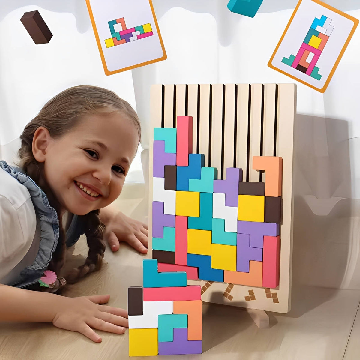 Wooden Block Puzzle Set with 42 Pieces and 10 Template Cards, Foldout Stand