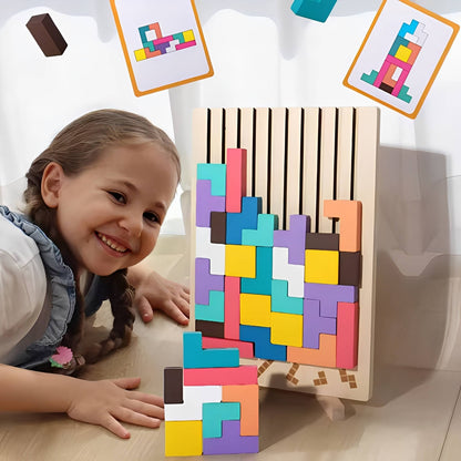 Wooden Block Puzzle Set with 42 Pieces and 10 Template Cards, Foldout Stand