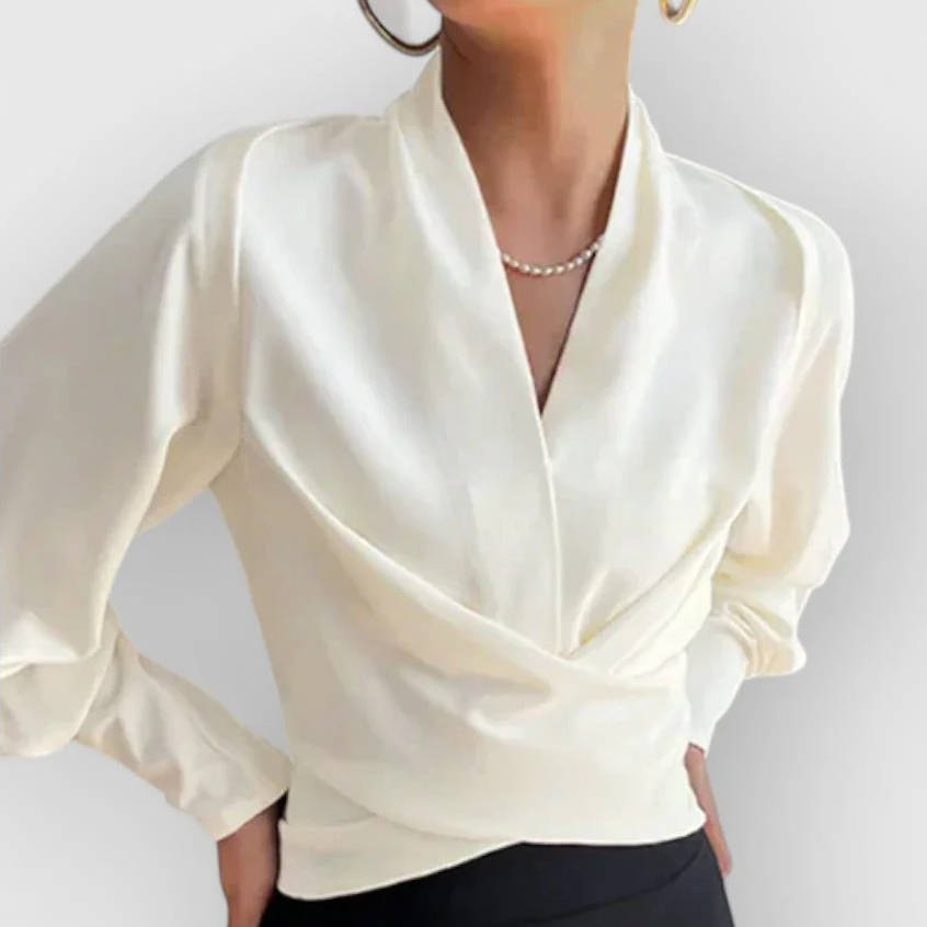 Long Sleeve Silk Blouse with V Neck for Work Or Evening