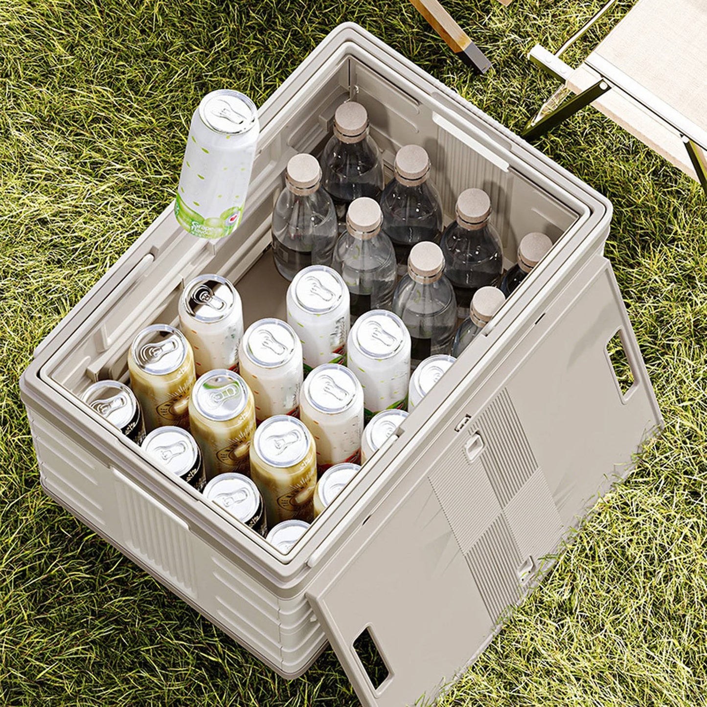 Portable Collapsible Outdoor Storage Box for Camping, Picnic & Garden, Foldable Rolling Cart with 360° Wheels & Wood Lid
