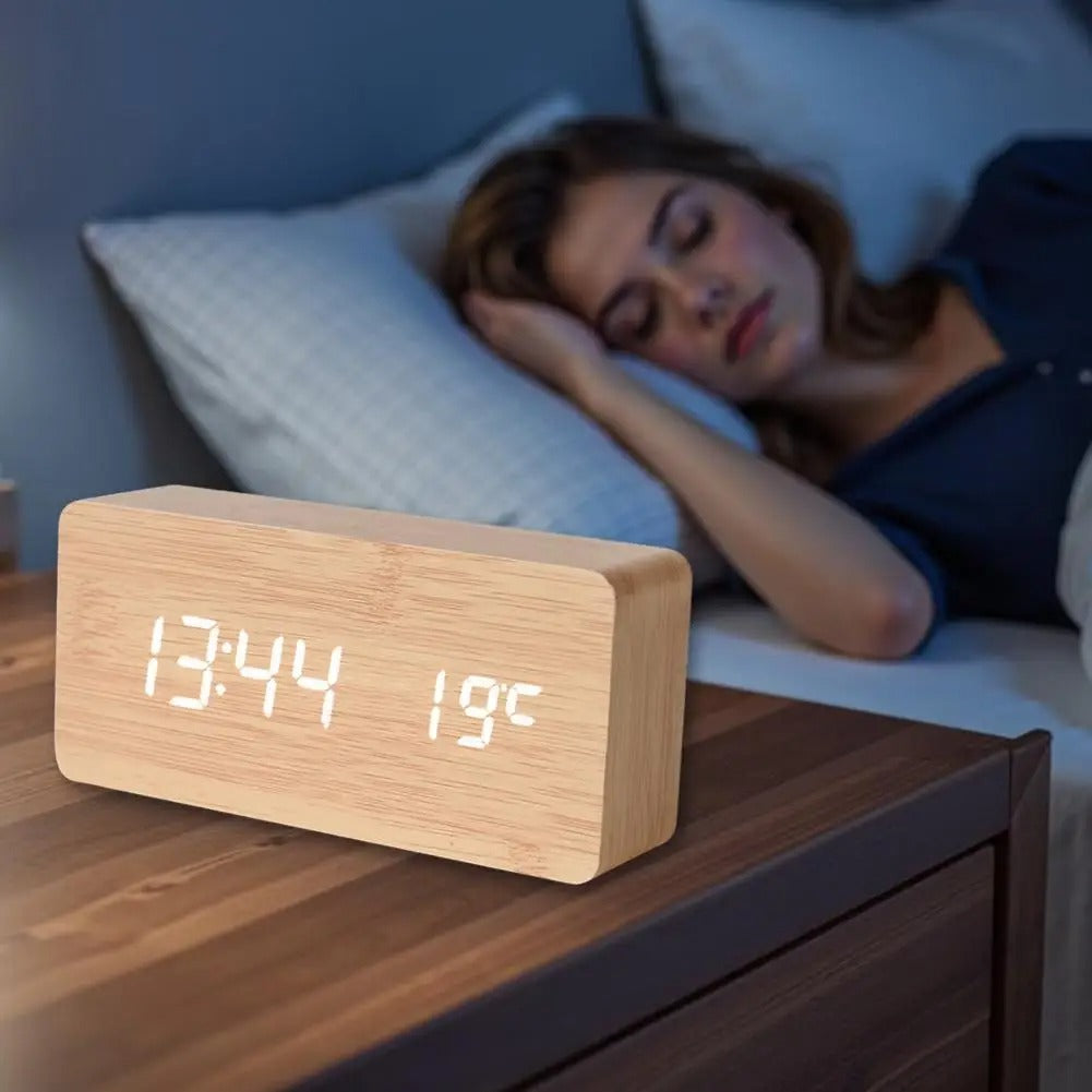 Wooden Digital Alarm Clock With Sound Control & Digital Display