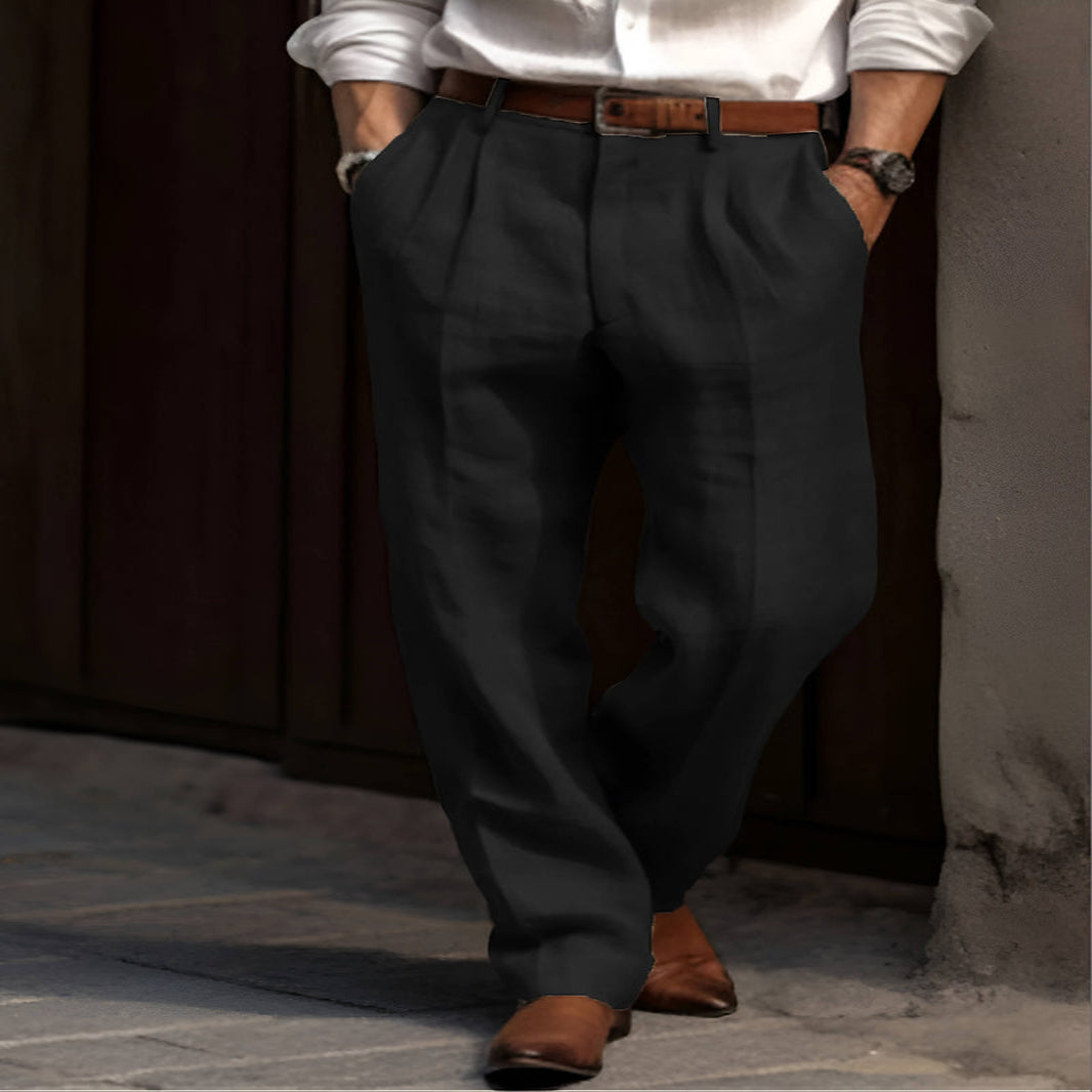 Men's Pleated Linen Blend Pants with Elastic Waist and Reinforced Crotch