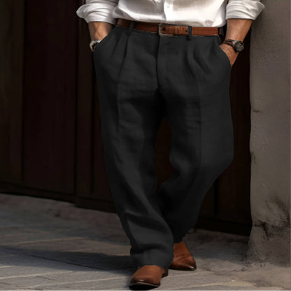 Men's Pleated Linen Blend Pants with Elastic Waist and Reinforced Crotch