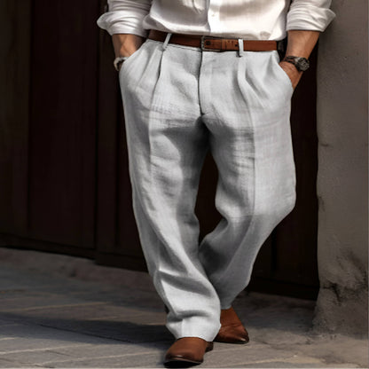 Men's Pleated Linen Blend Pants with Elastic Waist and Reinforced Crotch