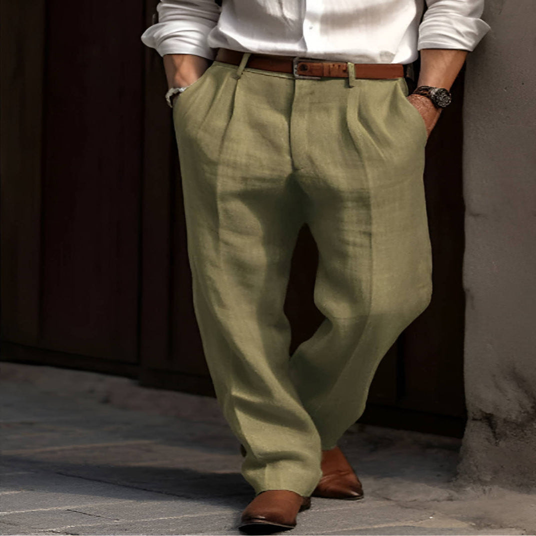 Men's Pleated Linen Blend Pants with Elastic Waist and Reinforced Crotch